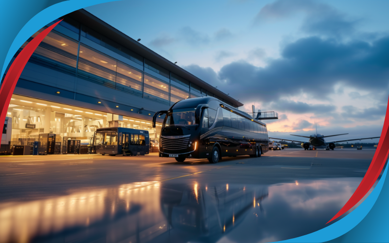 Executive coach charter by The Coach Company UK parked at an airport, Corporate Travel, May 2024, the United Kingdom